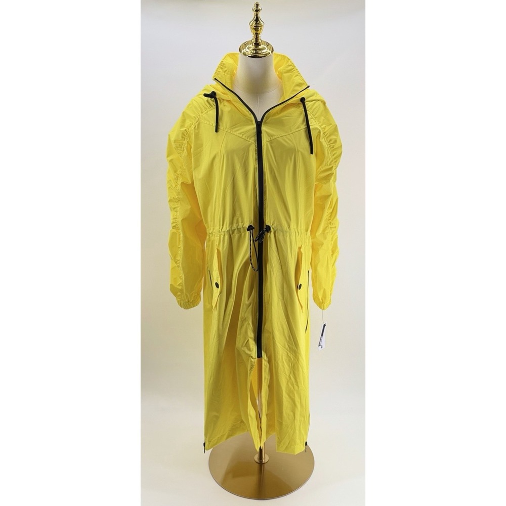 DKNY Coated Satin Anorak Yellow Zip Hooded Long Rain Jacket Women's Medium M